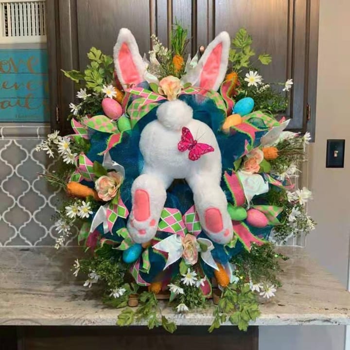 The Easter Bunny Door Wreath, Pink, blue and green with white bunny