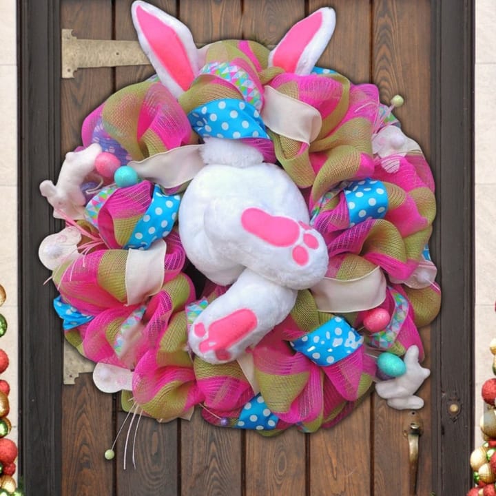 The Easter Bunny Door Wreath, Pink and green with white bunny