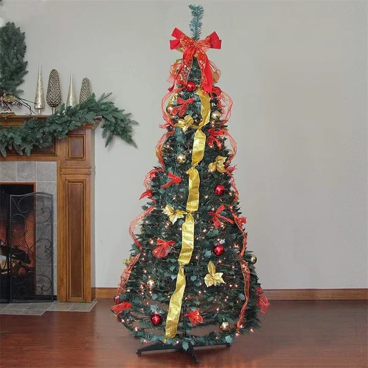The Pop-Up Pine, Red and gold ribbon ornaments