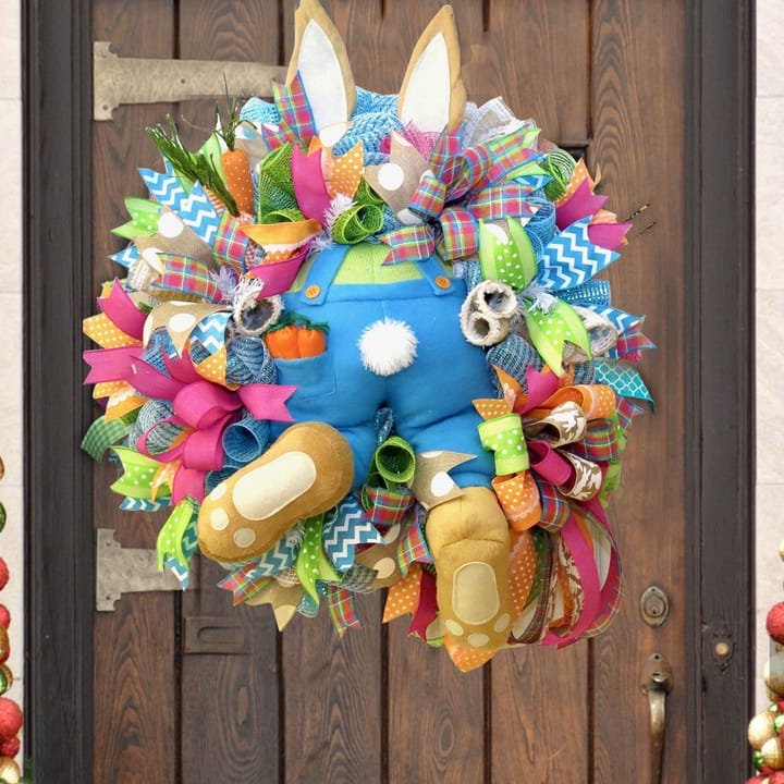 The Easter Bunny Door Wreath, Pink and blue with blue overalls bunny