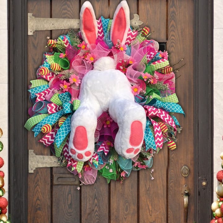 The Easter Bunny Door Wreath, Pink and blue with white bunny